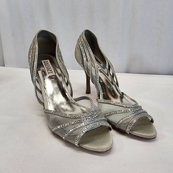Badgley Mischka Glynn Evening Gown Silver Rhinestone heels Size 10 - Picture 1 of 11